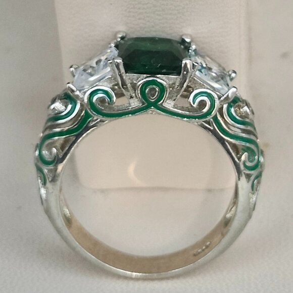 Sterling Silver Ring Green Center Stone Enameled Size 8 Hearts - Picture 3 of 9
